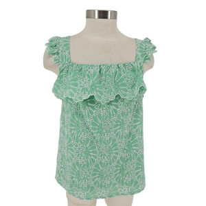 Ann Taylor LOFT Tank Top Green Eyelet Ruffle Square Neck Sleeveless Shirt